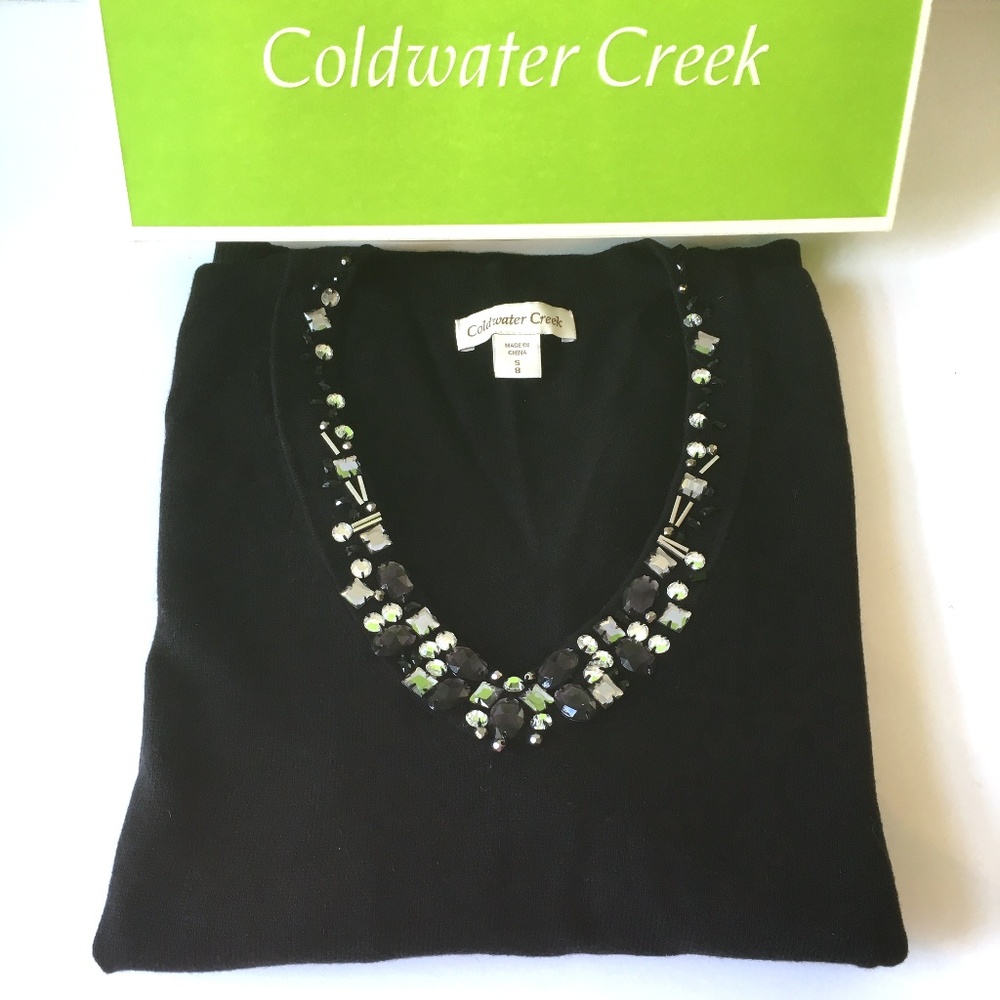 Coldwater Creek Black Jeweled V-Neck Sweater